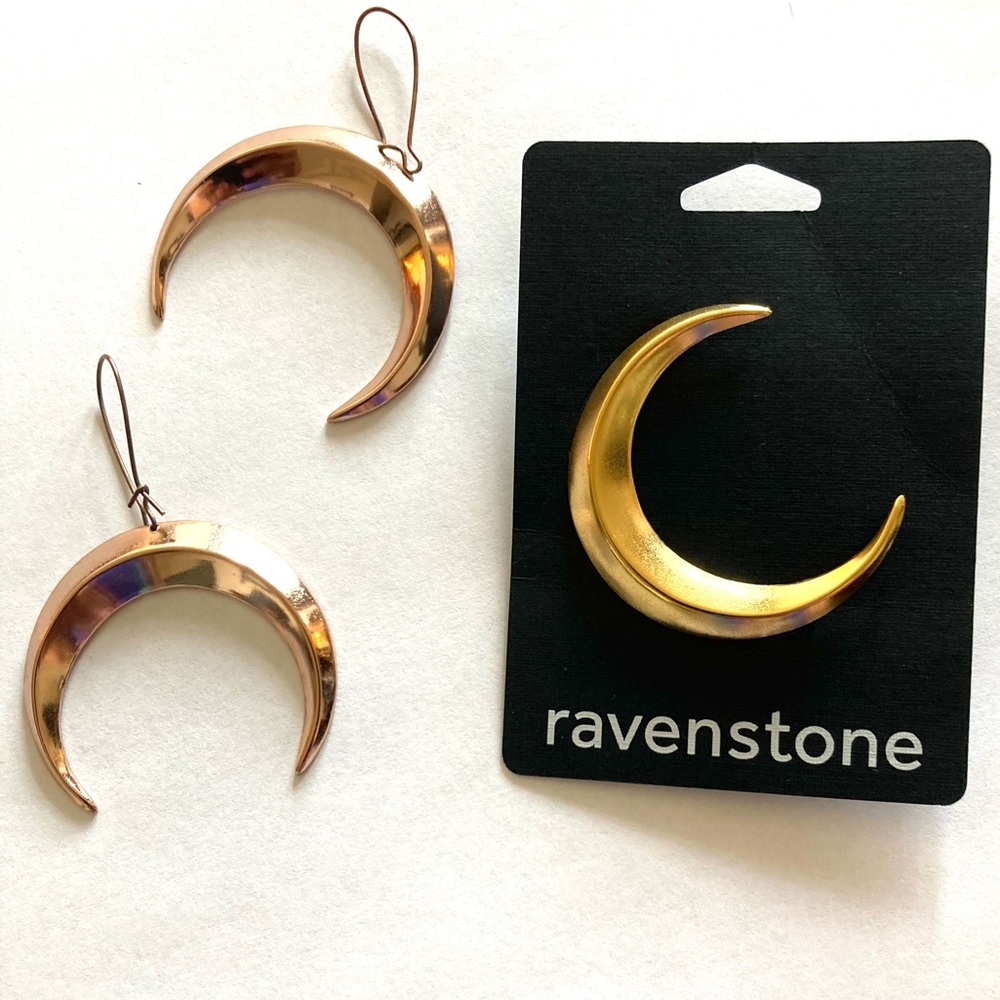 Black Stone Gold Tone Moon Pin & Earrings